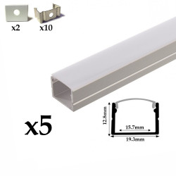 Profilé aluminium 5 Mètres encastrable ( 5 x 1 mètre ) 20mm*15mm avec diffuseur opaque aspect néon.