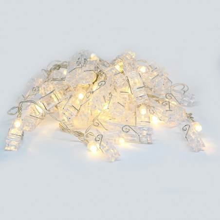 Guirlande LED de 5 mètres avec 40 pinces à linges transparentes blanc chaud